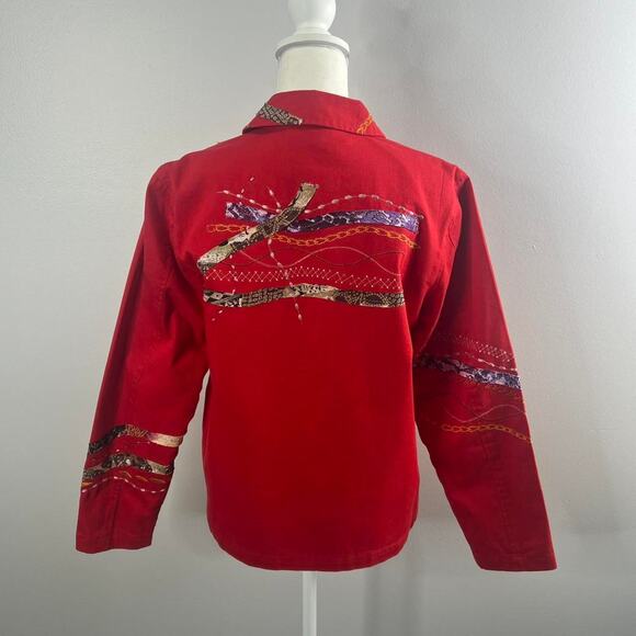 Coldwater Creek Button Front Shirt Jacket Small Red Maximalist Art to Wear - Picture 5 of 7
